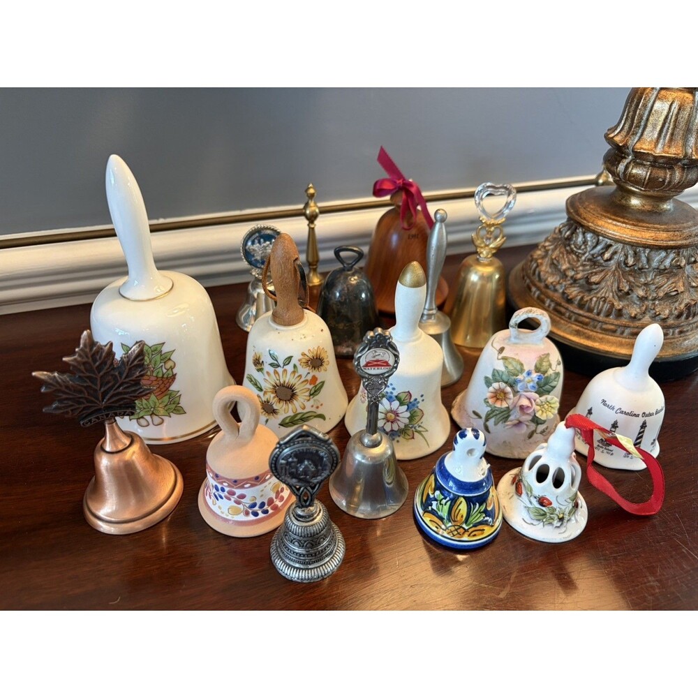 Vintage Hand Bells Lot of 15 Vintage Assorted Sizes Ceramic Pewter Copper Wood
